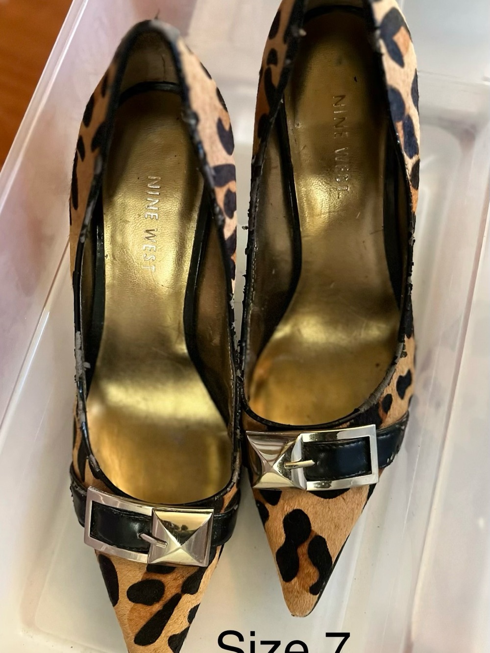 Nine West Leopard-Print Pointed Heels with Black Strap and Silver Buckle